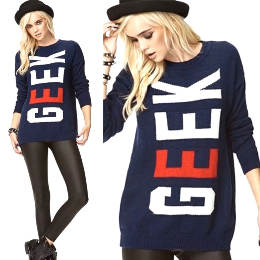 Forever 21 GEEK Crewneck Navy Blue Sweater Size L